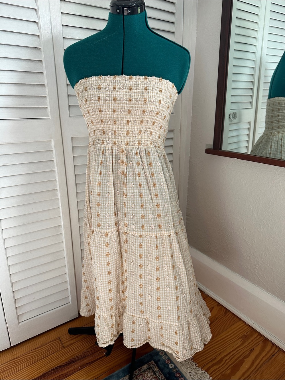 Ace & Jig Cream Strapless Smocked Midi Dress with Tan Dot Print